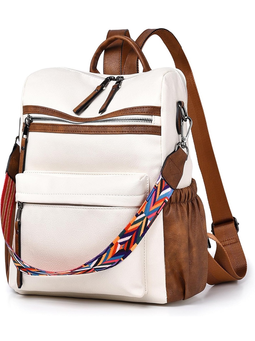 Women’s White & Brown Faux Leather Backpack with Multicolor Strap